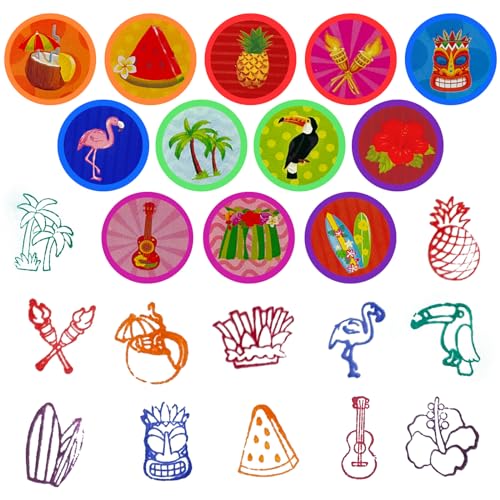 Cinrobiye 24 Pcs Hawaiian Luau Stampers for Kids, Tropical Party Favor Set, Hawaii Theme Stampers with Palm Tree Hibiscus Surf Designs, Luau Birthday Party Supplies, Classroom Rewards, Goody Bags - color: Hawaiian Luau