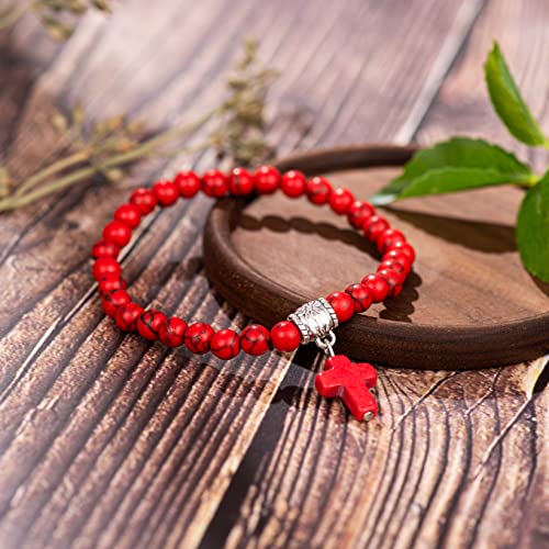 Softones 6mm Bead Cross Pendant Bracelet for Women Healing Stone Stretch Prayer Bracelet for Women,with Gift Box - color: Red Turquoise