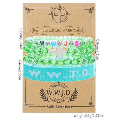 WWJD What Would Jesus Do Christian Stackable Bracelet Set for Women Men, Inspirational Faith Cross Beaded Elastic Wristbands, Religious Bible Verse Jewelry Gift for Church - color: Pink 4pcs
