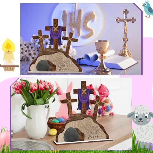 Beeveer Empty Tomb Easter Scene and Cross Decoration He Is Risen Decor Religious Wooden Tabletop Signs Christian Table Centerpiece for Easter Birthday Rustic Farmhouse Home Spring Decor(Retro Style) - style: Retro Style