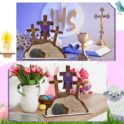 Beeveer Empty Tomb Easter Scene and Cross Decoration He Is Risen Decor Religious Wooden Tabletop Signs Christian Table Centerpiece for Easter Birthday Rustic Farmhouse Home Spring Decor(Retro Style) - style: Retro Style