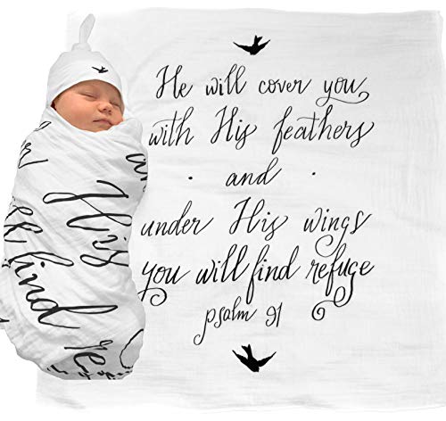 Under His Wings Muslin Swaddle & Bonus Baby Hat with Scripture Quote (Psalm 91) - 100% Organic Unbleached Cotton - Swaddle/Blanket is a Unique Shower & Baptism Gift -