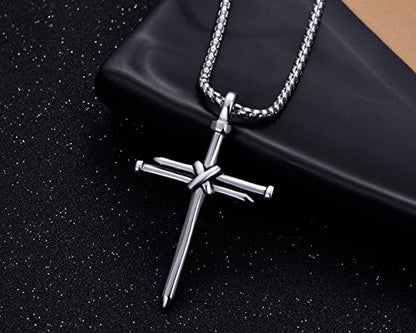 Men's Stainless Steel Nail Cross Pendant Necklace With 24 Inch Chain - color: Silver