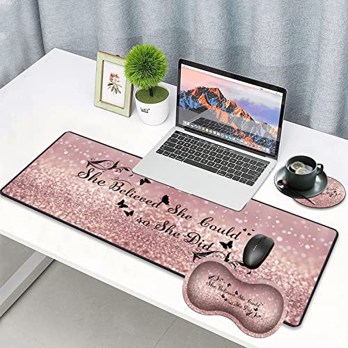 3 Piece Mouse Pad Set with Stitched Edge Large Anti-Slip Mouse Pad Desk Pad Keyboard Pad + Wrist Rest Pad + Coaster, Memory Foam Wrist Rest for Office/Home - She Believed She Could So She Did - color: HTT-H3-Mouse 012