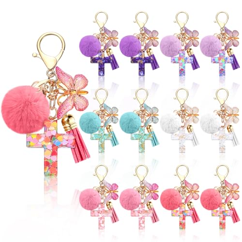 Sureio Cross Butterfly Bag Charm Keychain Christian Resin Gifts Bulk - style: Pompom
