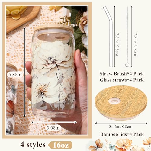 Mumufy 4 Pack Chinoiserie Flower Glass Cup 16oz Tumbler Mug with Bamboo Lid - style: Chinoiserie Flower
