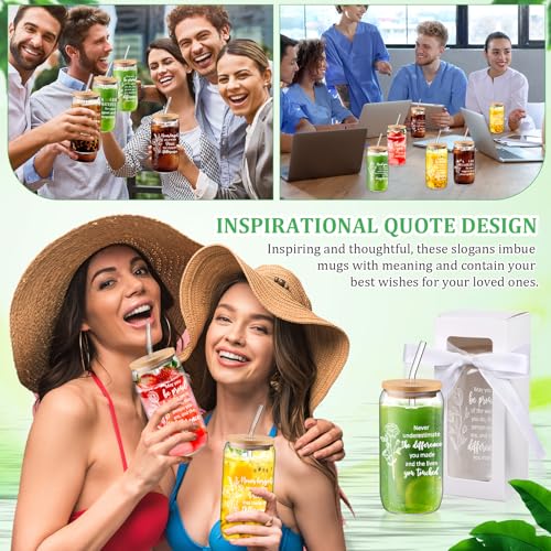 Ziliny 24 Set Thank You Gifts Bulk Employee Appreciation Gifts for Staff Christmas Coworker 16 oz Glass Cups with Lids and Straws with Gift Box Ribbon for Friends Nurse Teacher(Floral and Team) - style: Floral and Team