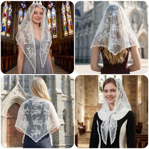 Lystaii Triangle Lace Mantilla Veil Catholic Chapel Head Covering Scarf - color: White