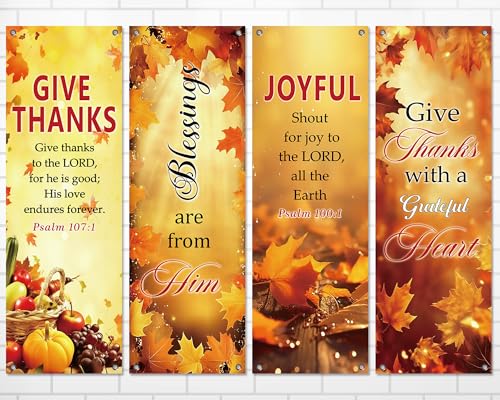 4Pcs Church Banners for Sanctuary Wall Welcome Inspirational Religious Hanging Backdrop Thanksgiving Fall Maple Leaves Pumpkins Church Banner Scripture Bible Verse Banner for Holiday School Decor - style: Give Thanks Fall