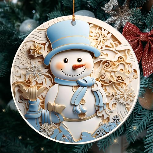Blue Snowman Christmas Ornament – Cute Blue Snowman Holiday Decor for Tree – Round Layered Acrylic Christmas Decoration – Navidad 2025 Ornament – 2025 Dated Ornaments - color: Cute Blue Snowman