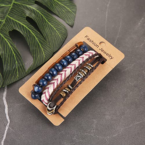 HZMAN Handmade Hemp Cords Wood Beads Leather Bracelets for Men Women - style: Hand-made 4 MIX