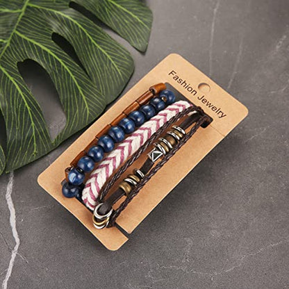 HZMAN Handmade Hemp Cords Wood Beads Leather Bracelets for Men Women - style: Hand-made 4 MIX
