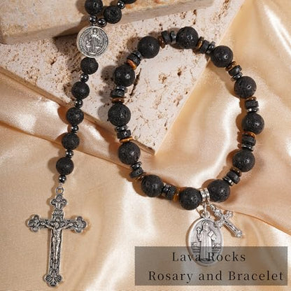 Rosary for Men Women, Natural Stone Beads with St. Benedict Bracelet - color: Lava Rocks