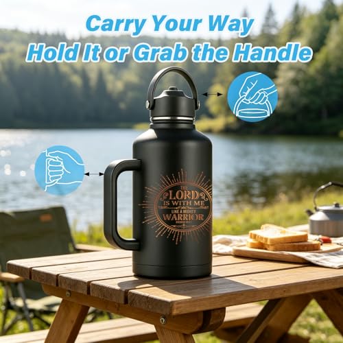 Christian Art Gifts for Men Women 64 oz Water Bottle Insulated with Straw and Handle Jesus Gift Mug Double Wall Vacuum Travel Tumbler Coffee Mug Religious Gifts - The Lord Is With Me - Jeremiah 20:11 - color: Christian-2