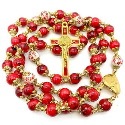 Nazareth Store Saint Benedict 10mm Glass Rosary Beads Catholic Necklace Flowers Mystery Bead Miraculous Medal Locket Cross Prayer Rosarios Catolicos - color: Red