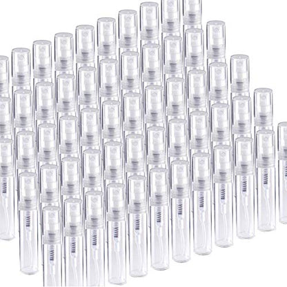 Fandamei 60 Pack 3ml Mini Spray Bottle, Clear Plastic Empty Cute Perfume Atomizer Bottle for Cleaning, Travel, Essential Oils, Perfume. - size: 3ml