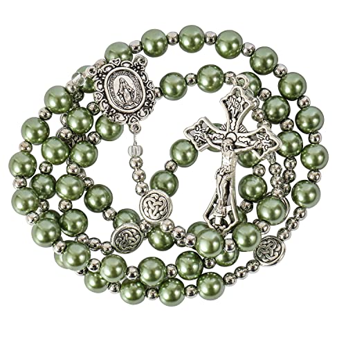 Nazareth Store Pearl Beads Rosary Miraculous Prayer Necklace Strong Metal Mystery Beaded Rosary for Men & Women - color: Green