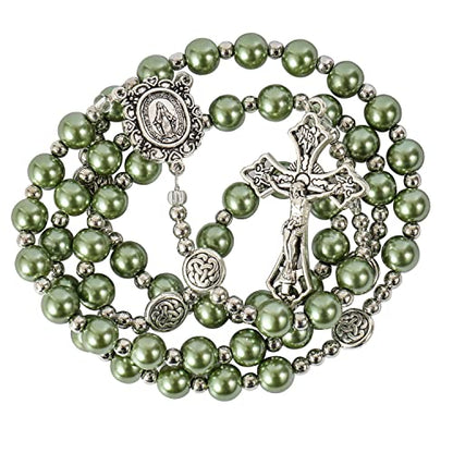 Nazareth Store Pearl Beads Rosary Miraculous Prayer Necklace Strong Metal Mystery Beaded Rosary for Men & Women - color: Green