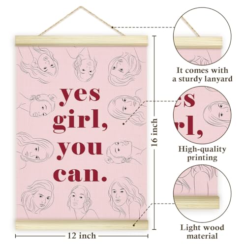 LWBEO Yes Girl You Can Poster Hanger Frame, Motivational Feminist Quote Wooden Canvas Art Print, Pink Positive Wall Art for Home Bathroom Office Decor 12x16in -01 - color: Yes Girl You Can
