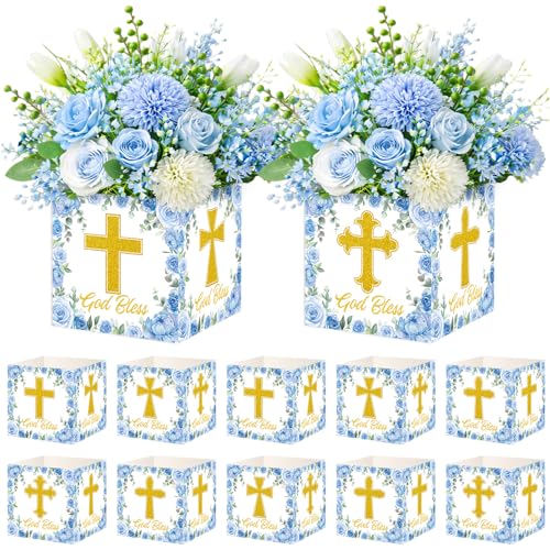Cinrobiye 24 Pcs Blue Baptism Centerpieces for Tables, First Communion Cross Centerpiece Boxes, God Bless Christening Decorations for Baby Shower, Church Event and Religious Party Decor - color: Blue3