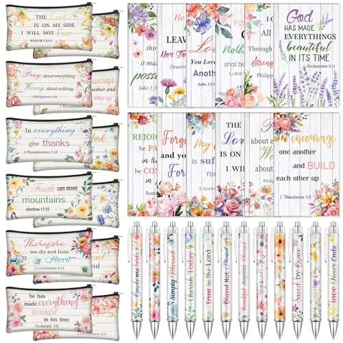 Cholemy 36 Pcs Christian Bulk Gift for Women Include 12 Religious Pens 12 Bible Verse Notebooks 12 Bible Case Bags Makeup Bags Religious Gift for Women Inspirational Study Supply for Men Office Church