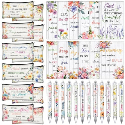 Cholemy 36 Pcs Christian Bulk Gift for Women Include 12 Religious Pens 12 Bible Verse Notebooks 12 Bible Case Bags Makeup Bags Religious Gift for Women Inspirational Study Supply for Men Office Church