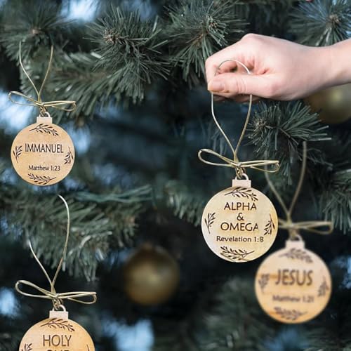 25 Pack Names of Jesus Ornaments, 5 cm / 2 inch Diameter | Name of Jesus Advent, Wood Hanging Ornaments with Savior Names, Ornaments for Christmas Tree Decor