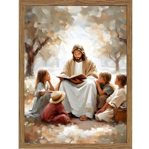 Christian Wall Art, Jesus with Children Canvas Painting, 3D Textured Sandstone Style Wood Framed Artwork, Religious Family Decor for Prayer Room Bedroom 24x16 Ready to Hang - color: Jesus With Children, size: 24"L x 16"W