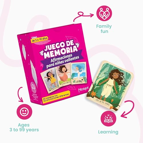 Menique Brilla Memory Matching Game – Spanish Edition – 80 Cards (40 Pairs) with Positive Affirmations for Brave Girls – Mindful Matching Game in Spanish for Confidence and Self-Love - style: (ES) Affirmations