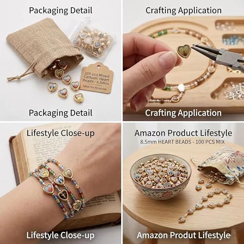 100pcs Heart Shape Our Lady Jesus Cross Saint Mary with Medal Rosary Beads DIY Necklace Bracelets Beads for Making Jewellery (Golden) - color: Golden