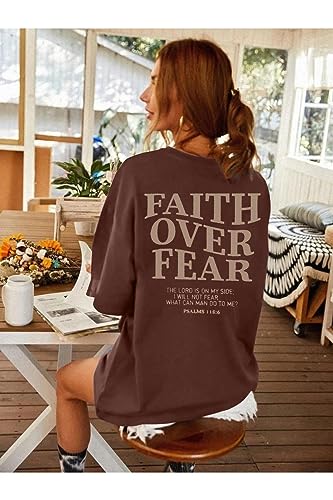 BANGELY Faith Over Fear Shirt Women Graphic Shirts Oversized Workout Gym Christian Religious Tees Drop Shoulder Tee Tops - color: Brown, size: XX-Large