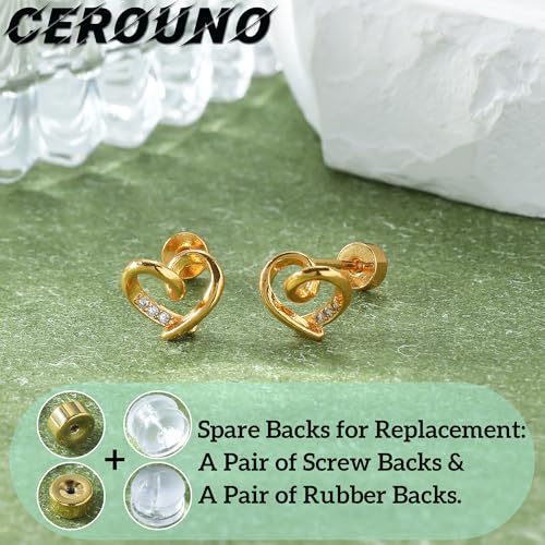 CEROUNO Flat Back Stud Earrings - 925 Sterling Silver Post Flatback Earrings Gold Silver Cubic Zirconia Earrings Studs for Women - color: Gold Heart