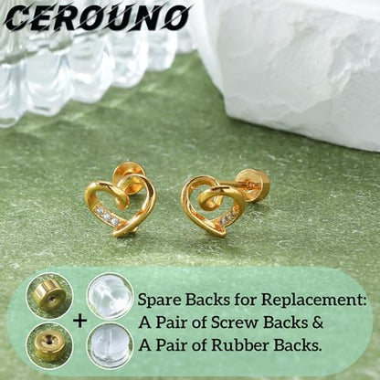 CEROUNO Flat Back Stud Earrings - 925 Sterling Silver Post Flatback Earrings Gold Silver Cubic Zirconia Earrings Studs for Women - color: Gold Heart