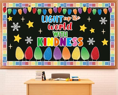 Christmas Light Bulbs Bulletin Board Decoration Set Xmas Kindness Bulletin Board Set Winter Colorful Bright Bulb Paper Cutouts for Classroom School Home Chalkboard Wall Holiday Party Decor Supplies - style: Light Bulbs