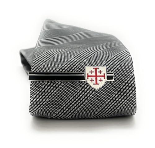 Jerusalem Cross Tie Bar – Christian Shield Tie Clip for Men, Handmade Religious Jewelry, Catholic Wedding Groomsmen Gift, Red Crusader Cross Accessory