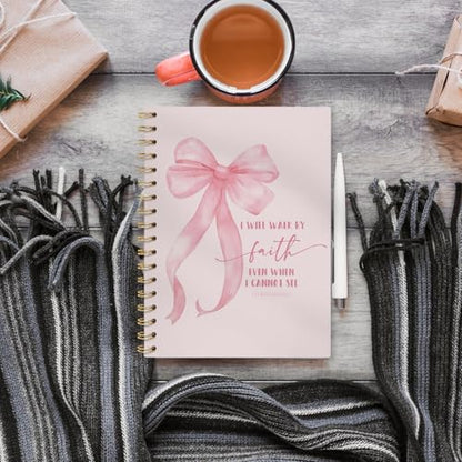 2 Corinthians 5:7 Bible Verse Lined Notebook Hardcover, Girly Preppy Bow Religious College Ruled Notebook Journal - color: coquette bow