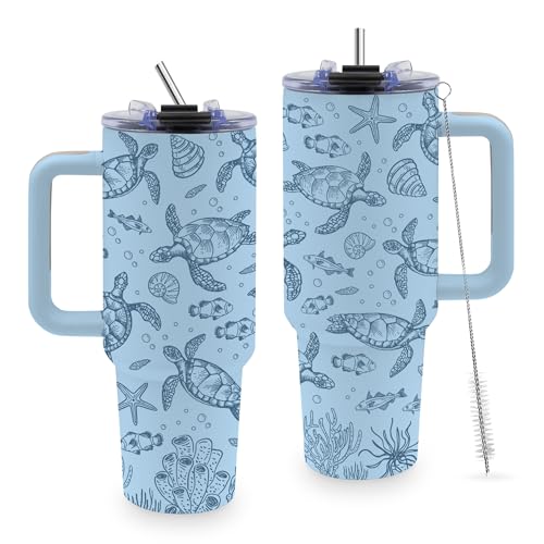 Sea Turtle Gifts for Women, 40oz Tumbler with Handle & Straw - color: Turtle-Blue