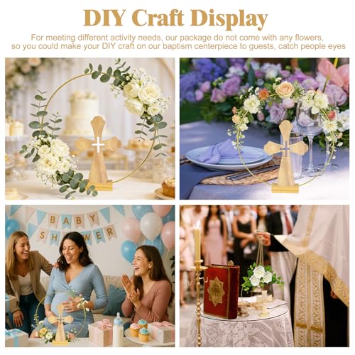 Mototo 48 Pcs Standing Wooden Cross Baptism Centerpieces Decor 16 Wooden Cross with Base 16 Gold Metal Floral Hoop with Wooden Stand Baptism Centerpiece Table Decor for Wedding Event Home Table