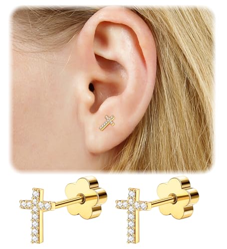 14K Gold Plated Small Stud Earrings for Girls Women Hypoallergenic Surgical Steel Cartilage Flat Back Stud Earrings CZ Cross Dot Bar Heart Handmade Screw Back Earrings Studs - color: Gold, style: Cross