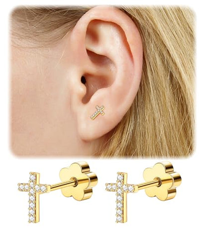 14K Gold Plated Small Stud Earrings for Girls Women Hypoallergenic Surgical Steel Cartilage Flat Back Stud Earrings CZ Cross Dot Bar Heart Handmade Screw Back Earrings Studs - color: Gold, style: Cross