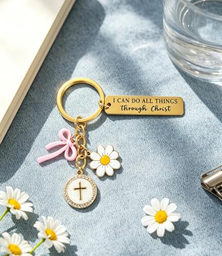 Christian Gifts Inspirational Bible Verse Religious Cross Keychain - color: Gold