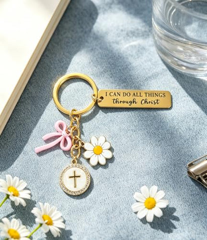 Christian Gifts Inspirational Bible Verse Religious Cross Keychain - color: Gold