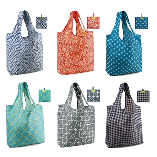 BeeGreen Reusable Grocery Bags Geometry Design - Pack of 6 Foldable Totes for Women with Pouch,X-Large 50lbs Capacity Machine Washable Polyester Sturdy Shopping Bags for Women Travel Shopping - color: Red, Teal, Gray, Blue