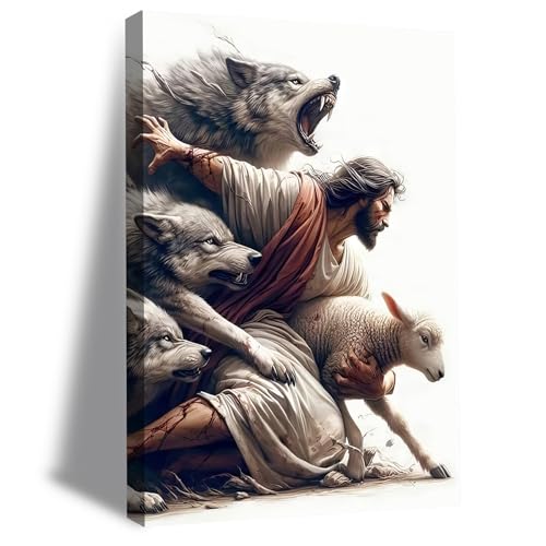 Jesus and Lamb Canvas Wall Art Jesus Saves the Lost Lamb Wall Decor Christian Posters Pictures Shepherd Protect a Lamb from Wolves Prints Bible Painting for Living Room Bedroom Church Framed - color: jesus02, size: 24"L x 16"W