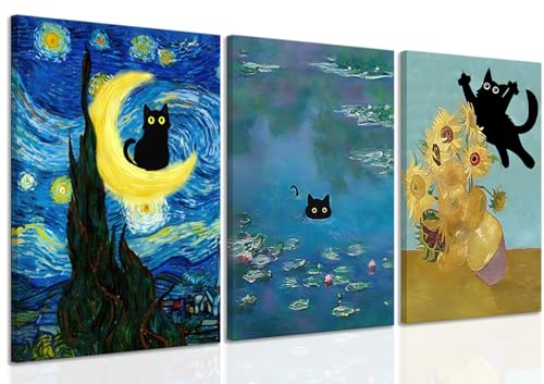 Funny Black Cat Wall Art Monet Cat in Water Lilies Canvas Wall Decor Van Gogh Starry Night Sunflower Aesthetic Pictures Paintings Prints for Bedroom Living Room Bathroom 12x16 in Framed - color: Cat canvas, size: 16L"x12W"