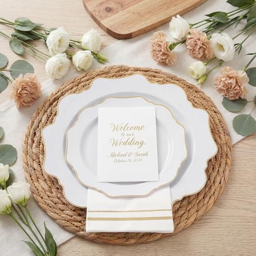 WDF 350PCS White and Gold Plastic Plates - Gold Plates Disposable 50Guest Plastic Dinnerware Ideal for Party/Wedding/Birthday/Thanksgiving/Fall/Rosh Hashanah - color: White and Gold, size: 350 pieces