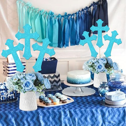 12Pcs Cross Centerpiece Sticks Blue Glitter God Baptism Table Toppers Christian Theme Baby Shower Decorations for Easter God Bless First Communion Christening Birthday Party Supplies