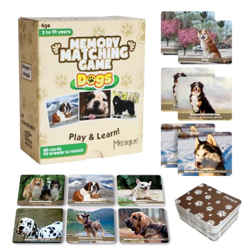 Menique Dogs Memory Matching Game for Kids – 80 Bilingual Cards, 40 Pairs with Real Dog Breed Photos – Educational Family Card Game for Ages 3+ - style: Dogs