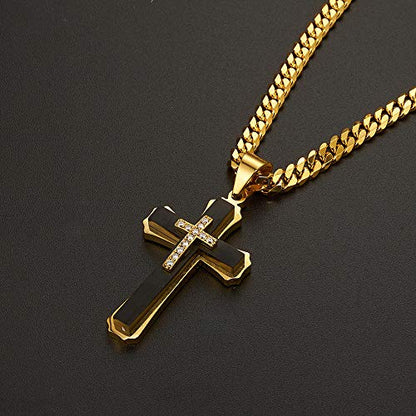 INSEA Men's Stainless Steel Crucifix Cross Necklace, Silver Black Gold, 21.6 Inch Box Chain, Christian Religious Jewelry, Gift Box Included - color: Black with Cubic Zirconia