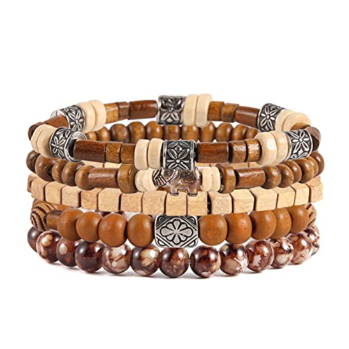 HZMAN Handmade Hemp Cords Wood Beads Leather Bracelets for Men Women - style: Elephant